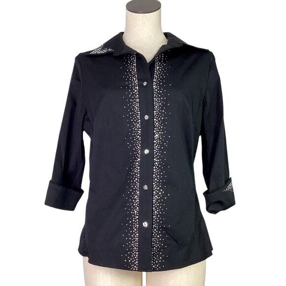 Christine Alexander Top Women M Black Stretch Rhinestone 3/4 Sleeve Button Shirt - Picture 1 of 7